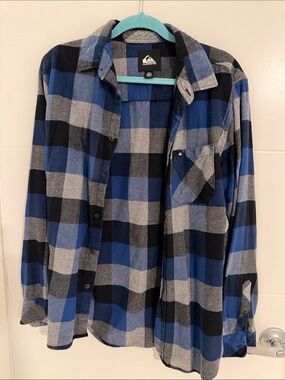 Quiksilver Men’s Blue, Black & Gray Plaid Button-Up Shirt